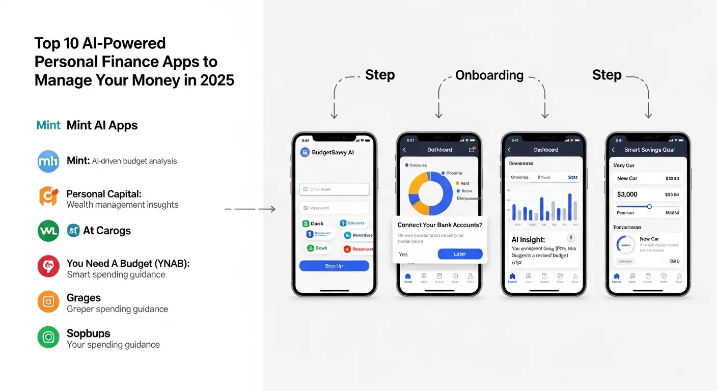 Top 10 AI-Powered Personal Finance Apps to Manage Your Money in 2025 - A stacked comparison chart showing the top 4 apps across key dimensions: budgeting, saving, investing, and ease of use. The chart uses color-coding and icons to make quick distinctions.