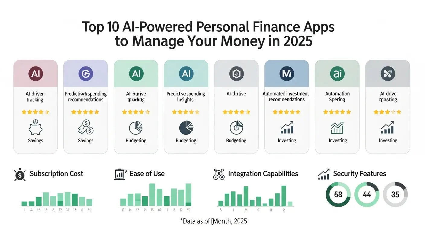 Top 10 AI-Powered Personal Finance Apps to Manage Your Money in 2025 - A side-by-side comparison of AI-driven features across three categories: budgeting, saving, and investing. The image should highlight how each category uses AI to personalize recommendations and automate actions.