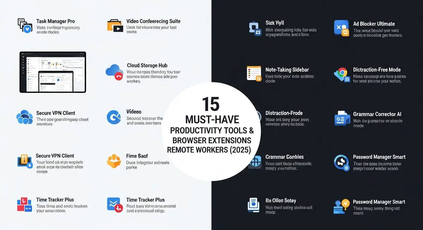 15 Must-Have Productivity Tools and Browser Extensions for Remote Workers in 2025 - Infographic-style image illustrating a security-first remote work setup with a password manager, MFA, VPN, and distraction-free mode, showing how collaboration tools fit into a secure workflow.