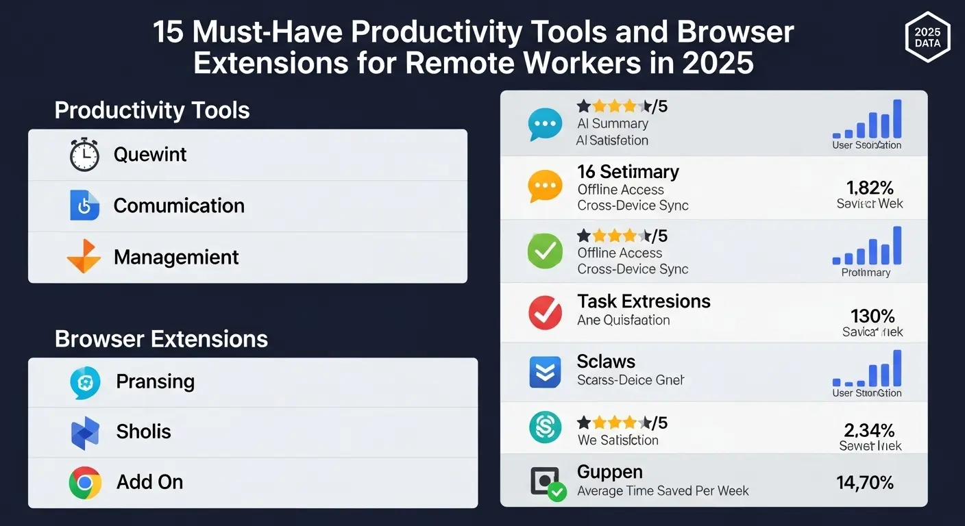 15 Must-Have Productivity Tools and Browser Extensions for Remote Workers in 2025 - Screenshot-style image showing a browser with multiple productivity extensions icons and a centered workflow automation diagram, illustrating how task management and automation interlink.