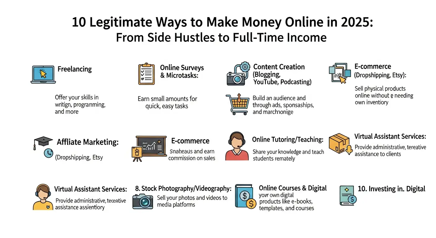 10 Legitimate Ways to Make Money Online in 2025: From Side Hustles to Full-Time Income BBSR ONE 10 Legitimate Ways to Make Money Online in 2025: From Side Hustles to Full-Time Income - A clean chart showing multiple online income streams—freelancing, digital products, affiliate marketing, and small-scale e-commerce—with arrows illustrating growth potential and a clock emphasizing time efficiency.