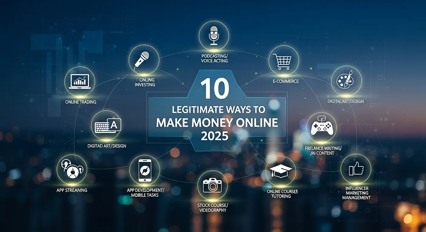 10 Legitimate Ways to Make Money Online in 2025: From Side Hustles to Full-Time Income BBSR ONE 10 Legitimate Ways to Make Money Online in 2025: From Side Hustles to Full-Time Income - A vibrant, modern workspace on a laptop screen showing graphs, a calendar, and productivity apps. The image conveys focus, productivity, and the concept of making money online in 2025 from a home office, with subtle icons representing freelancing, affiliate marketing, and digital products.