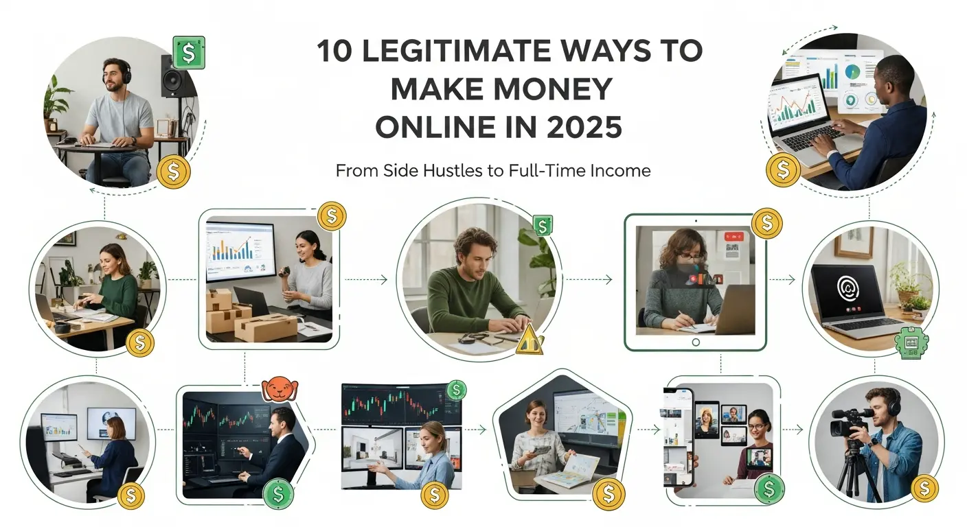 10 Legitimate Ways to Make Money Online in 2025: From Side Hustles to Full-Time Income BBSR ONE 10 Legitimate Ways to Make Money Online in 2025: From Side Hustles to Full-Time Income - A collage showing a successful affiliate marketing dashboard, digital product mockups (templates, eBooks), and a tiny online course landing page, illustrating multiple passive income streams.